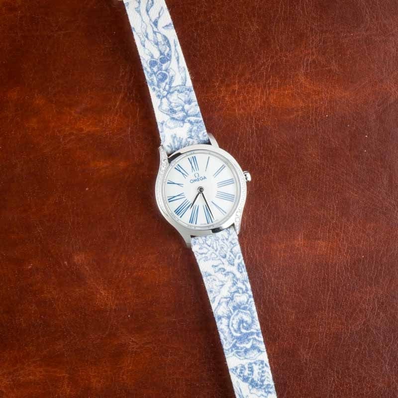 omega de ville mini tresor steel on blue toile de jouy