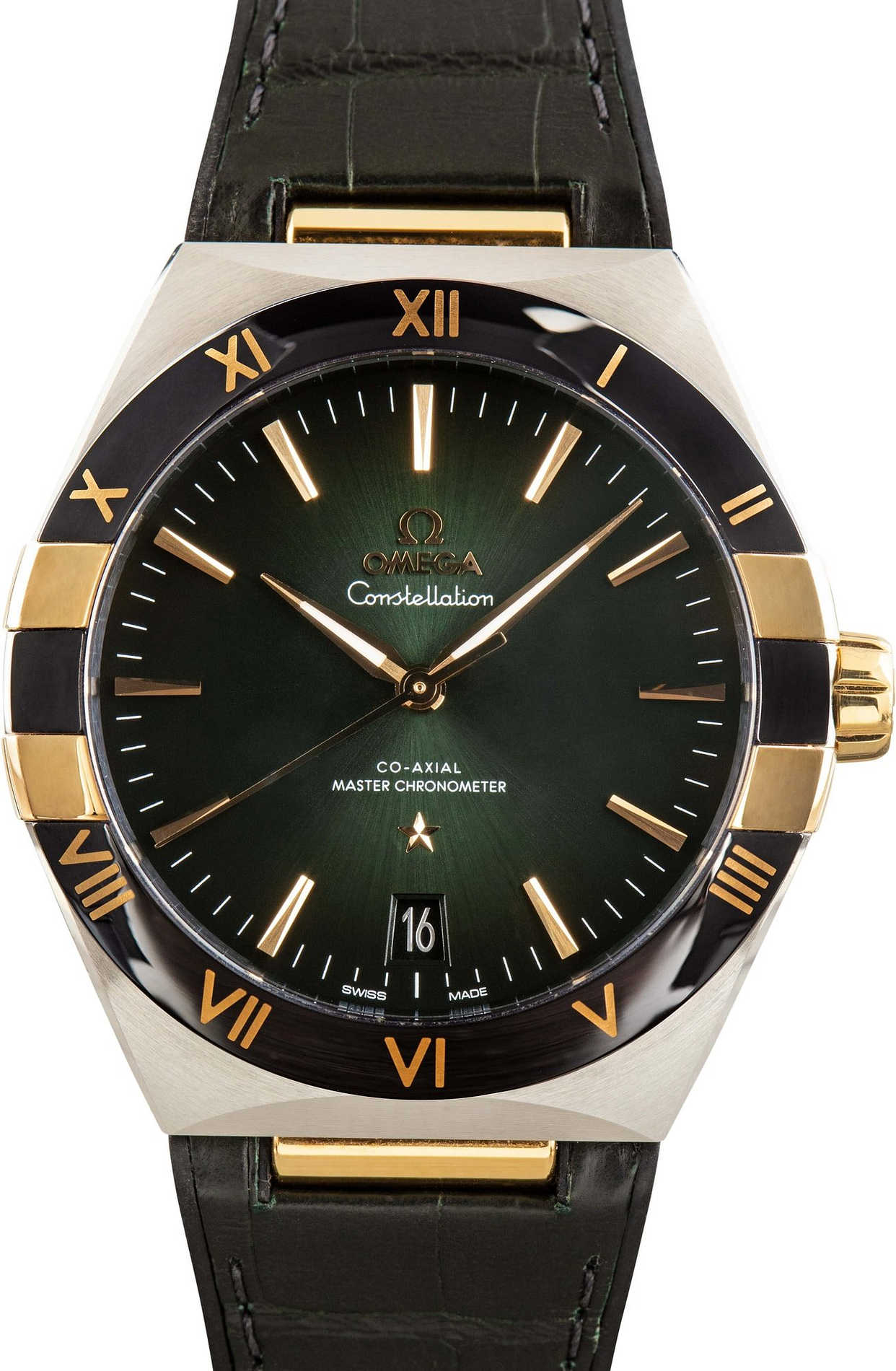 omega constellation steel & yellow gold green dial